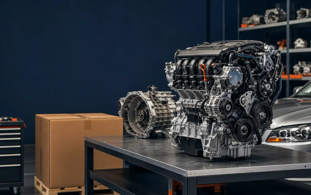 Automotive replacement engine prepared in an organized workspace